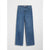 A pair of medium-wash blue denim jeans with a straight-leg fit, shown flat against a light gray background.