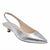 A single metallic silver slingback pump with a pointed toe and a low kitten heel, shown from a three-quarters angle on a white background.