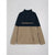 A colorblock quarter-zip pullover sweatshirt with a navy blue upper section, beige lower body and sleeves, and a beige graphic text print across the chest, displayed flat against a light gray background.