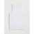 A plain white sleeveless tank top laid flat against a light gray background.