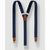 Navy blue fabric suspenders with brown leather accents and silver metal clips, displayed against a light gray background.