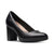 A single black leather pump shoe with a chunky block heel and rounded toe, shown from a side profile on a white background.