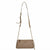 A beige and brown checkered crossbody handbag with a gold chain strap and a small gold logo plaque on the front, set against a plain white background.