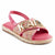 A pink espadrille sandal featuring a woven pink and beige upper with metallic gold 'KARA' lettering, a pink slingback strap, and a braided jute sole.