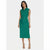 A woman modeling a sleeveless emerald green midi dress with a collar, front button placket, matching waist tie belt, and flap pockets, paired with beige high-heeled sandals against a light gray studio background.
