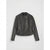 A dark gray faux leather moto jacket with a stand-up collar, front zipper, and zippered side pockets, displayed on a light gray background.