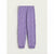 Purple patterned jogger pants with an allover small floral print and solid purple elastic cuffs, shown flat against a light beige background.