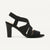 A single black strappy high-heeled sandal with a block heel, shown in a side profile on a clean white background.