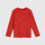 A red long-sleeve crewneck shirt for kids, featuring an all-over pattern of small black skateboard illustrations, displayed flat against a light gray background.