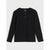 A black long-sleeve henley shirt with a ribbed texture and two brown buttons, displayed flat against a light gray background.
