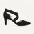 A single black pointed-toe high heel pump with crisscrossing elastic straps, shown from a side profile on a light off-white background.