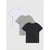 Three short-sleeve crew-neck t-shirts in white, light heather gray, and black, arranged in a stacked diagonal layout on a light gray background.