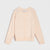A pale peach knit cardigan sweater with a subtle pattern of small pink, purple, and blue dots, featuring a button-up front and ribbed collar, cuffs, and hem.