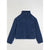 A navy blue fleece pullover jacket with a mock neck and a half-zip closure, featuring two zippered hand pockets, displayed flat against a light gray background.