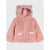 A pink teddy fleece hooded jacket for toddlers, featuring bear ears on the hood, a front zipper, and two front pockets with small bow details, shown against a light gray background.