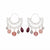A pair of silver crescent-shaped hoop earrings with dangling charms, including pink square beads, round pink beads, gray pearl-like beads, and a dark burgundy teardrop bead, shown on a plain white background.