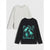 Two long-sleeve children's shirts shown on a light gray background: one heather light gray shirt and one black shirt with a bright teal dinosaur graphic print on the front.