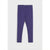 A pair of dark purple leggings with a white polka dot pattern, laid flat against a light gray background.