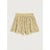 Yellow floral print shorts with a smocked waistband, shown flat on a light gray background.