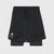 Black double-layered athletic shorts with a textured mesh outer layer, a black drawstring waist, and a white printed logo on the lower left leg, displayed against a light gray background.