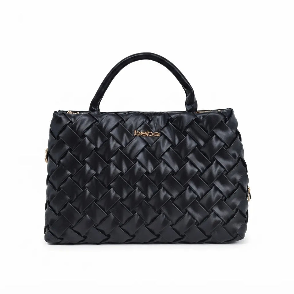 A black woven leather handbag with a top handle and gold-tone logo on the front, photographed against a plain white background.