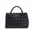A black woven leather handbag with a top handle and gold-tone logo on the front, photographed against a plain white background.