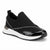 A black slip-on sneaker with a glossy patent leather toe cap, a chunky white midsole, and a silver rhinestone-embellished strap, shown on a white background.