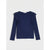 A navy blue long-sleeve knit top with delicate lace ruffle detailing on the shoulders, displayed flat against a light gray background.