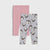 Two pairs of children's leggings laid flat on a light gray background. The back pair is solid light pink, and the front pair is heather gray with an allover penguin print in black, white, and pink.