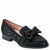 A single black lace loafer with a large satin bow on the toe, set against a plain white background.