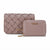 A matching wallet set from Bebe in a dusty mauve color, featuring a woven leather clutch with a gold-tone chain strap and logo on the back, and a smooth leather zip-around wallet in front with a gold-tone logo.