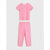 A two-piece children's pajama set in light pink, featuring a short-sleeve top and matching pants with a subtle darker pink heart pattern, displayed flat against a light gray background.