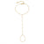 A delicate gold lariat-style chain necklace with a top ring, a long drop chain, and a dangling circular link, shown on a plain white background.