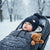 A baby wearing a dark navy knit pom-pom beanie and a gray snow-covered puffer wrap sits in a stroller outdoors in the snow, with a small brown teddy bear attached beside them.