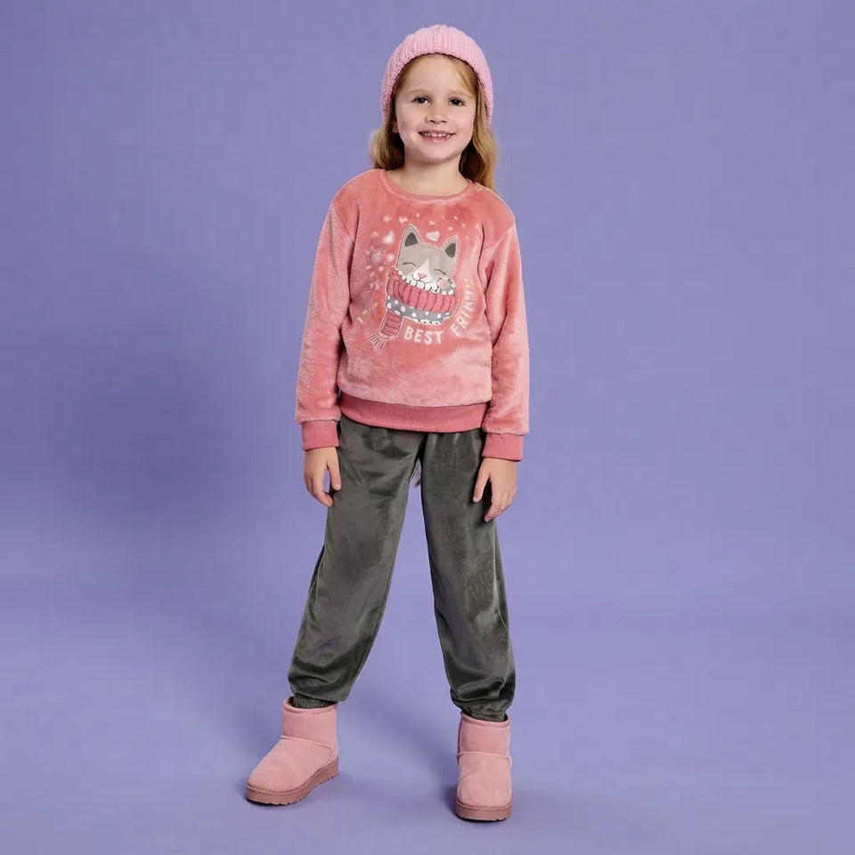 Sinsay Girl's Grey Velvet Cuffed Hem & Elastic Waist Jogger