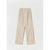 A pair of light beige wide-leg cropped trousers with pleated detailing at the waist, laid flat against a light gray background.