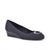 A single women's wedge pump in dark navy blue suede, featuring a silver-tone metal square buckle on the toe box, shown against a plain white background.