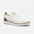 A white knit lace-up sneaker with brown leather heel and tongue accents, shown from a side profile on a clean white background.