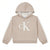 A toddler's Calvin Klein hoodie in a heathered light beige color, featuring a large cream-colored 'ck' logo on the chest and white stripe details on the sleeves, shown against a plain white background.
