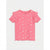 A pink short-sleeve top with ruffled sleeves and a ruffled hem, featuring a white daisy pattern, shown flat against a light gray background.