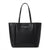 A black leather tote bag by Karl Lagerfeld with silver lettering on the front, displayed against a solid white background.