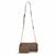 A brown monogram crossbody bag with a matching zippered pouch, featuring a brown leather strap with gold-tone chain links and gold logo lettering on a white background.