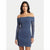 A woman modeling an off-the-shoulder long-sleeve bodycon mini dress in a muted slate blue color, featuring sheer mesh sleeves, set against a plain light gray background.