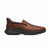 A brown leather slip-on loafer shoe with a black sole, shown in a side profile view against a plain white background.