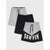 Three pairs of women's colorblock athletic shorts are displayed in a stacked arrangement on a light gray background. The set includes heather gray and black shorts, with the front pair featuring a colorblock design with 'SURFIN' printed in white block letters across the lower half.