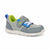 A toddler's low-top sneaker in gray mesh with a gray synthetic toe cap, featuring a blue hook-and-loop strap closure with a white lace, a bright lime green collar lining, and a white rubber sole.