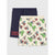 Two pairs of kids' drawstring shorts laid flat on a light gray background. The back pair is solid navy blue with a red Marvel logo patch near the hem.