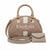 A beige dome-shaped handbag with a monogram pattern, gold-tone hardware, a top handle, a detachable shoulder strap, and a matching small wallet, photographed on a white background. The bag has 'bebe los angeles' printed on the front.