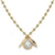 A gold necklace featuring a repeating floral link pattern with small turquoise stones, a teardrop-shaped milky white stone pendant, and two leaf-like charms, one gold and one adorned with tiny clear stones and a small blue stone, on a white background.
