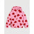 A pink fuzzy hooded jacket with a red heart pattern, displayed flat against a light gray background.